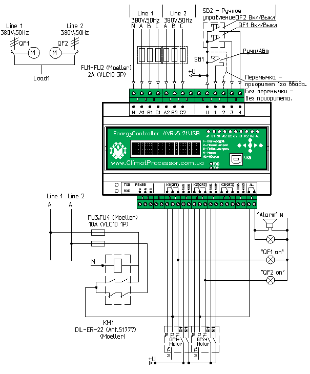 Схема подключения контроллера  АВР  без секционирования на автоматических выключателях Moeller с моторизированными приводами
