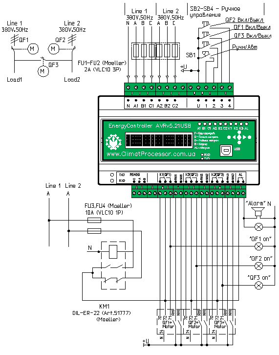  Схема подключения контроллера  АВР  с секционированием на автоматических выключателях Moeller , с моторизированными приводами