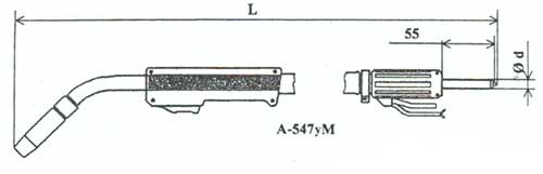 Габаритные размеры горелки сварочной А-547уМ