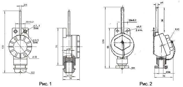 Габаритный чертеж термопреобразователей ТСМ-1290В, ТСП-1290В