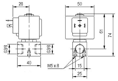 Рис.1. Габаритные и присоединительные размеры электромагнитного клапана M2401 (341607)